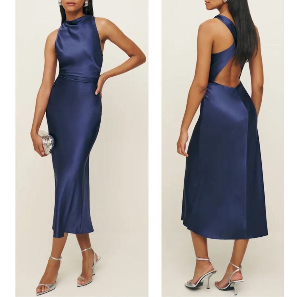 REFORMATION Cassette Silk Cross Back Blue Iris Midi Dress Size 12